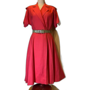 100% Raw SILK Vintage 80s Dress/Belt Midi Coral Wrap Skirt Epaulettes Pockets 10